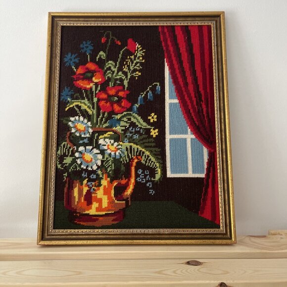 VTG Golden Framed Needlepoint Wall Art Picture Flowers In Tea pot 18*” x 14” - Picture 6 of 16